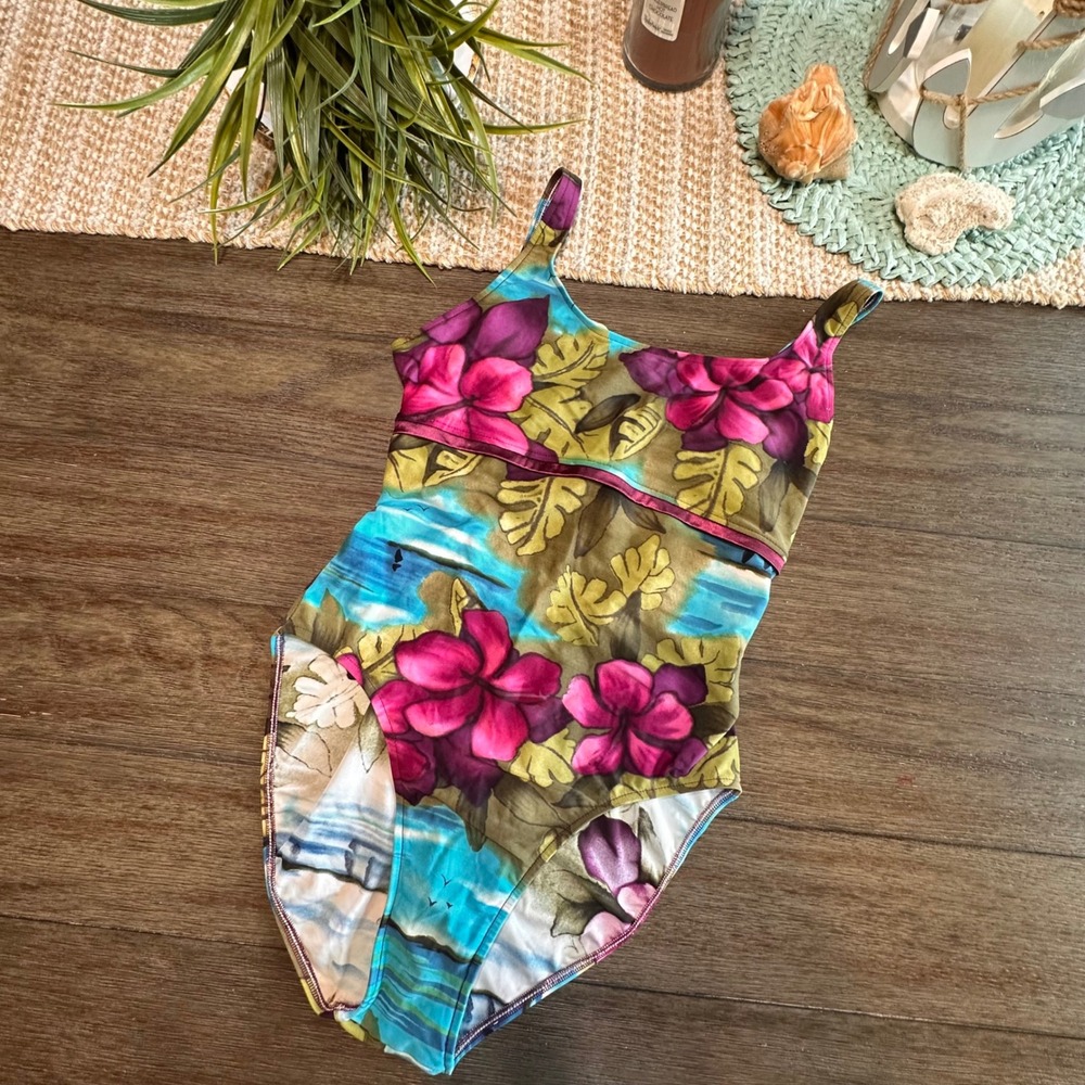VTG 90s Jantzen Floral One Piece Swimsuit Tropical Beach Swimwear Women L 12-14